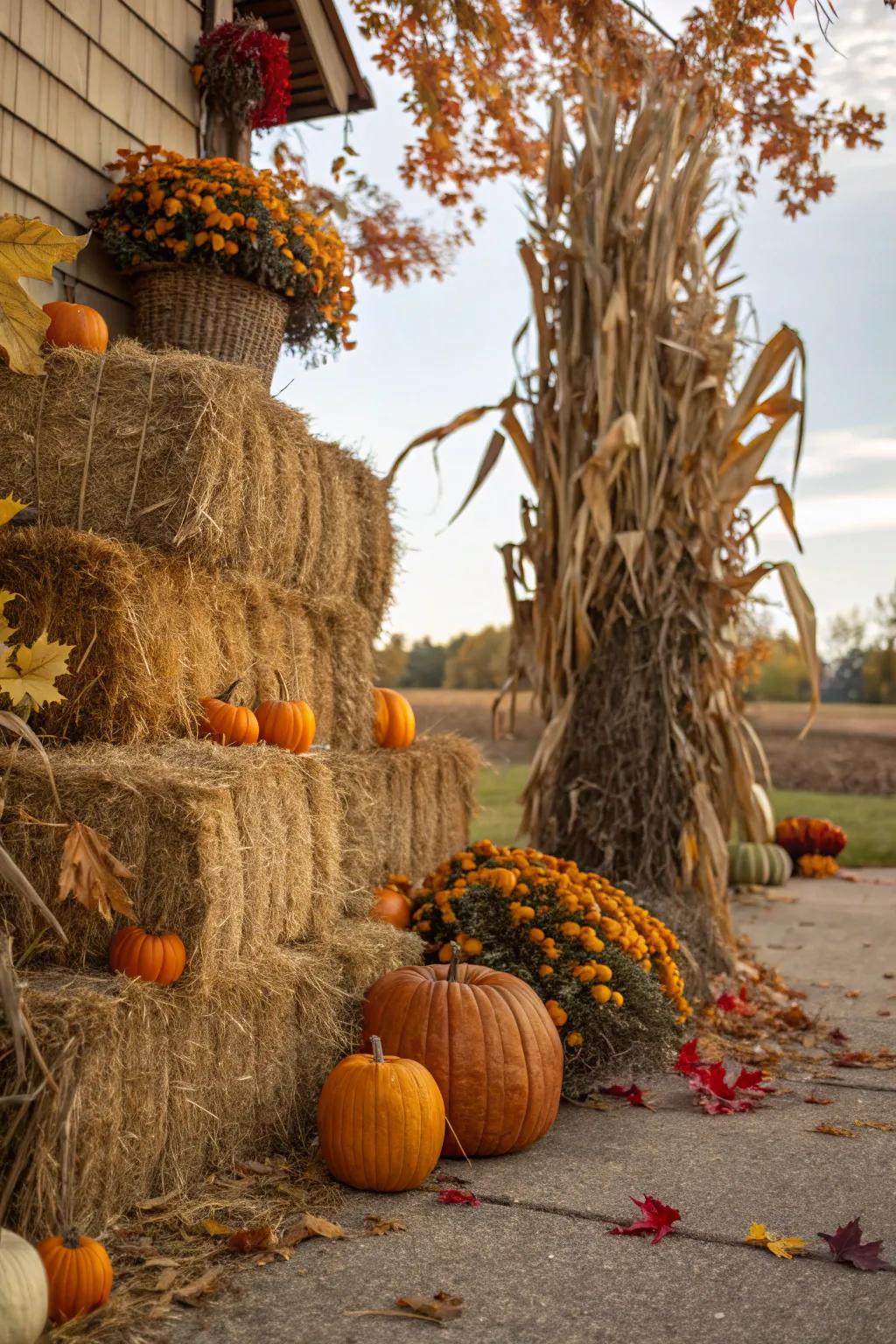 Concoct a country-style, layered consequence with straw packages and corn stalks.