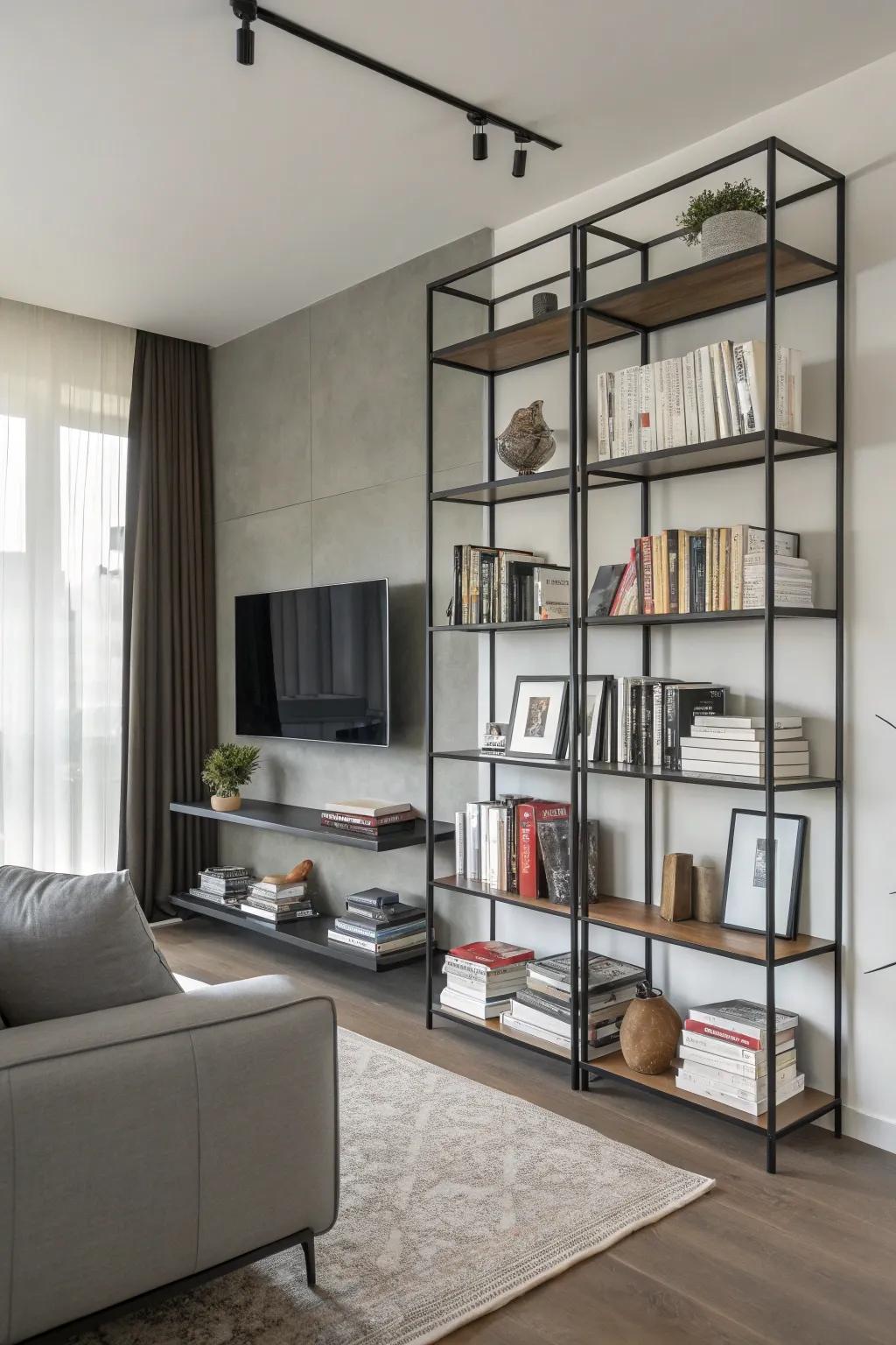 Metal shelves provide a streamlined, minimalist appearance.