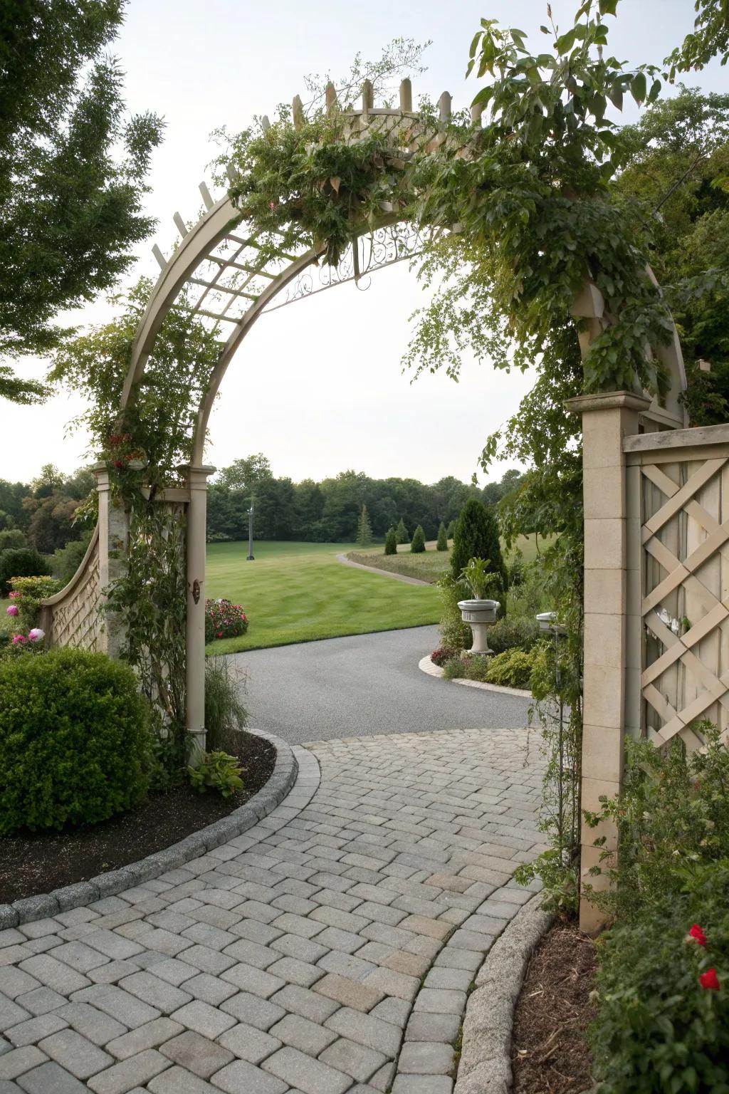 A decorative archway welcoming guests to the driveway.