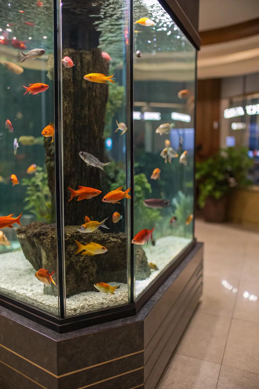 Mirrors surrounding a tank create an enchanting sense of wideness.