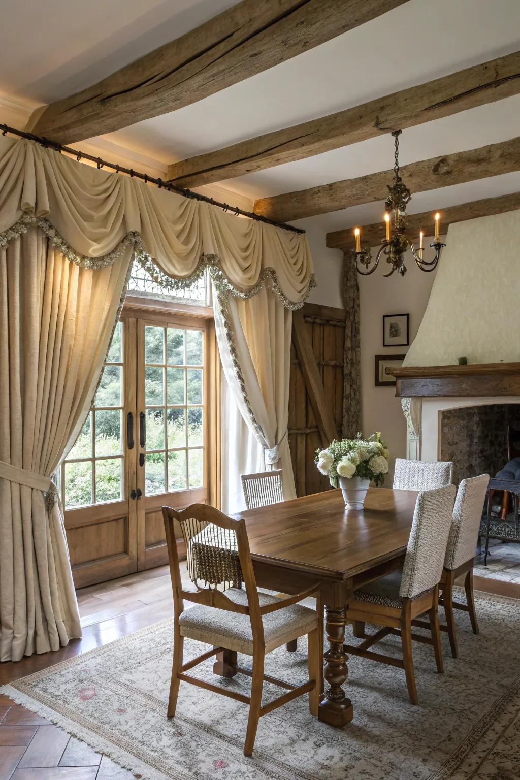 Draped cloth overhangs enhance the elegance of countryside interiors.