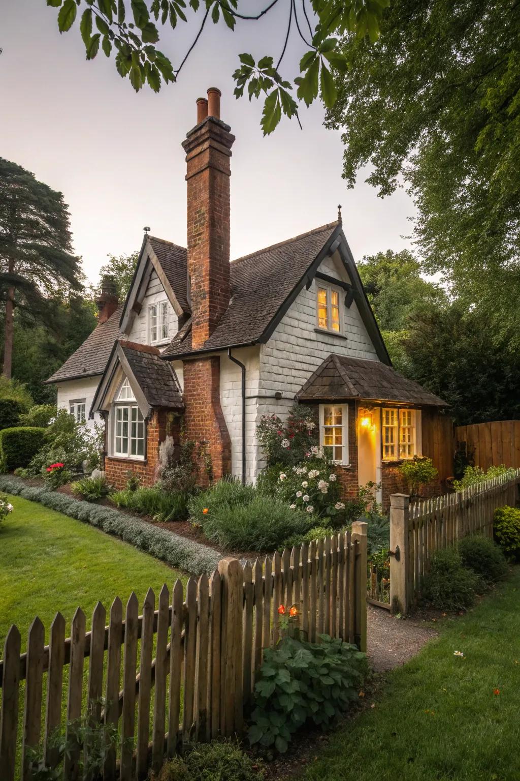 A chimney feature imparts a timeless touch to a cottage facade.