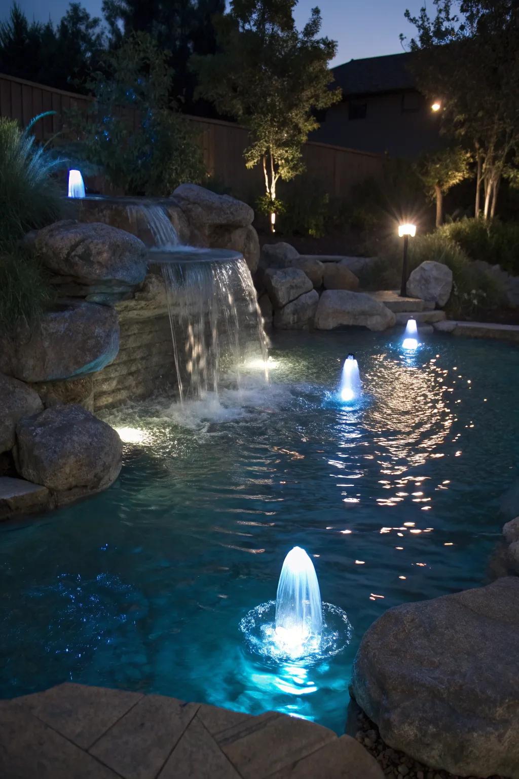A mesmerizing water feature illuminated by submerged bulbs.