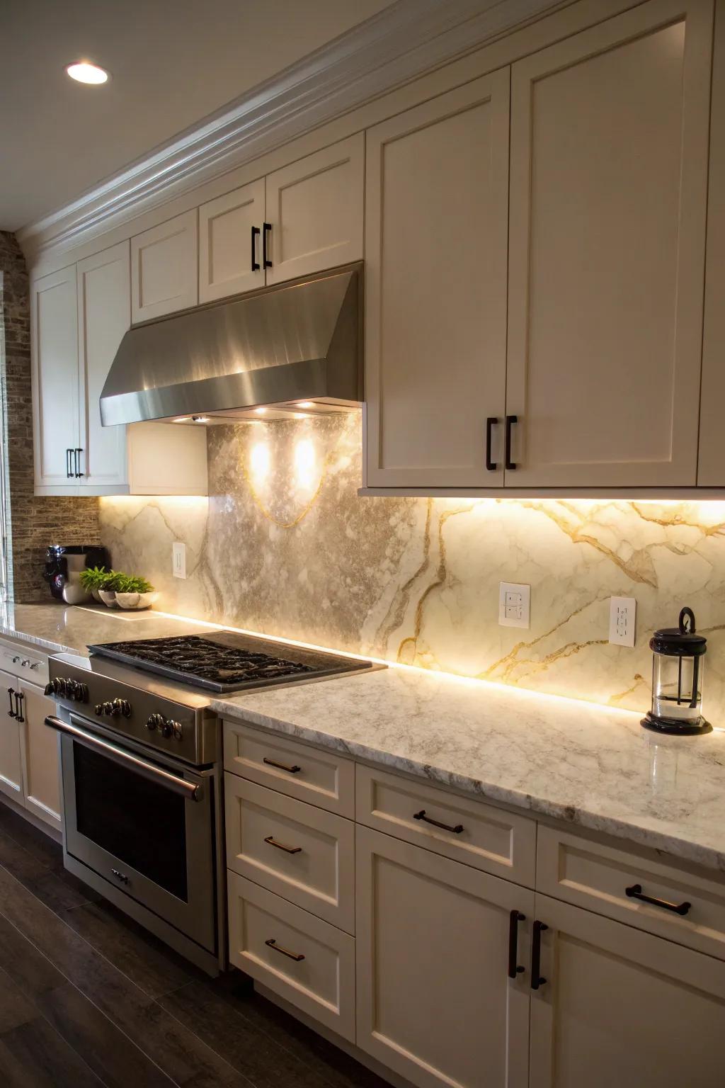 Backlit onyx backsplashes fashion impressive, radiant focal points.