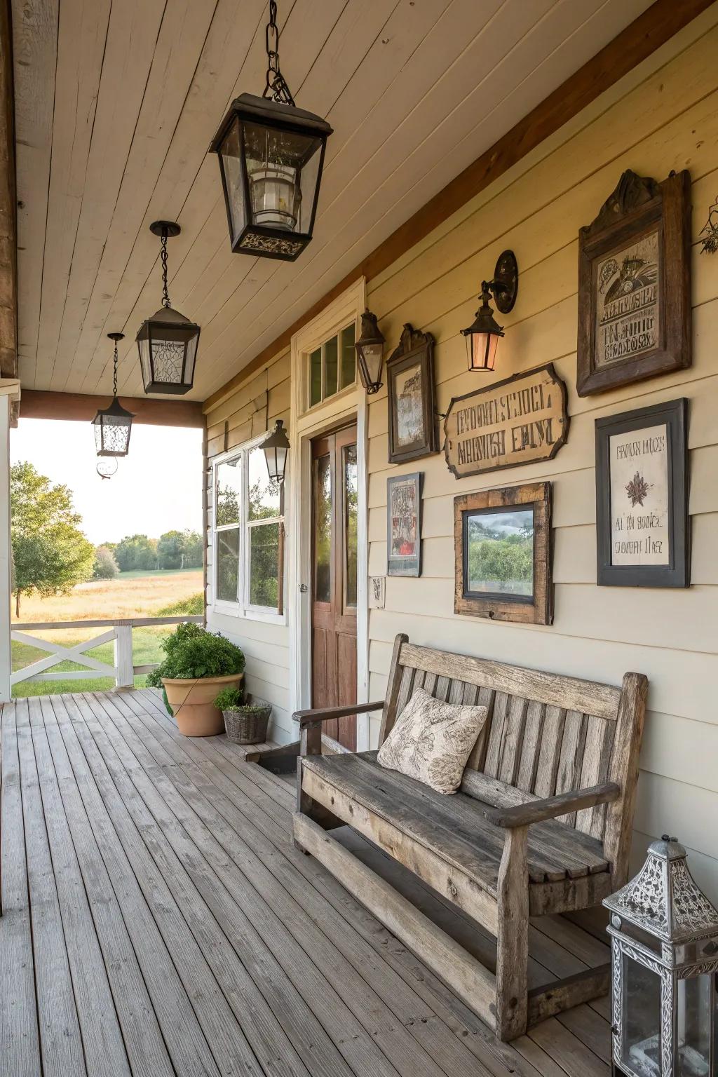 Down-to-earth wall decor adds depth to this charming porch.