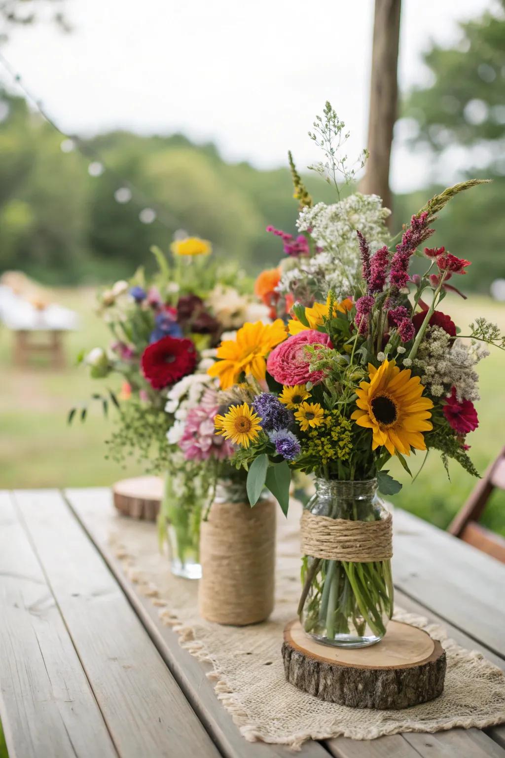 Delightful DIY wedding botanical arrangements showcasing wildflowers.