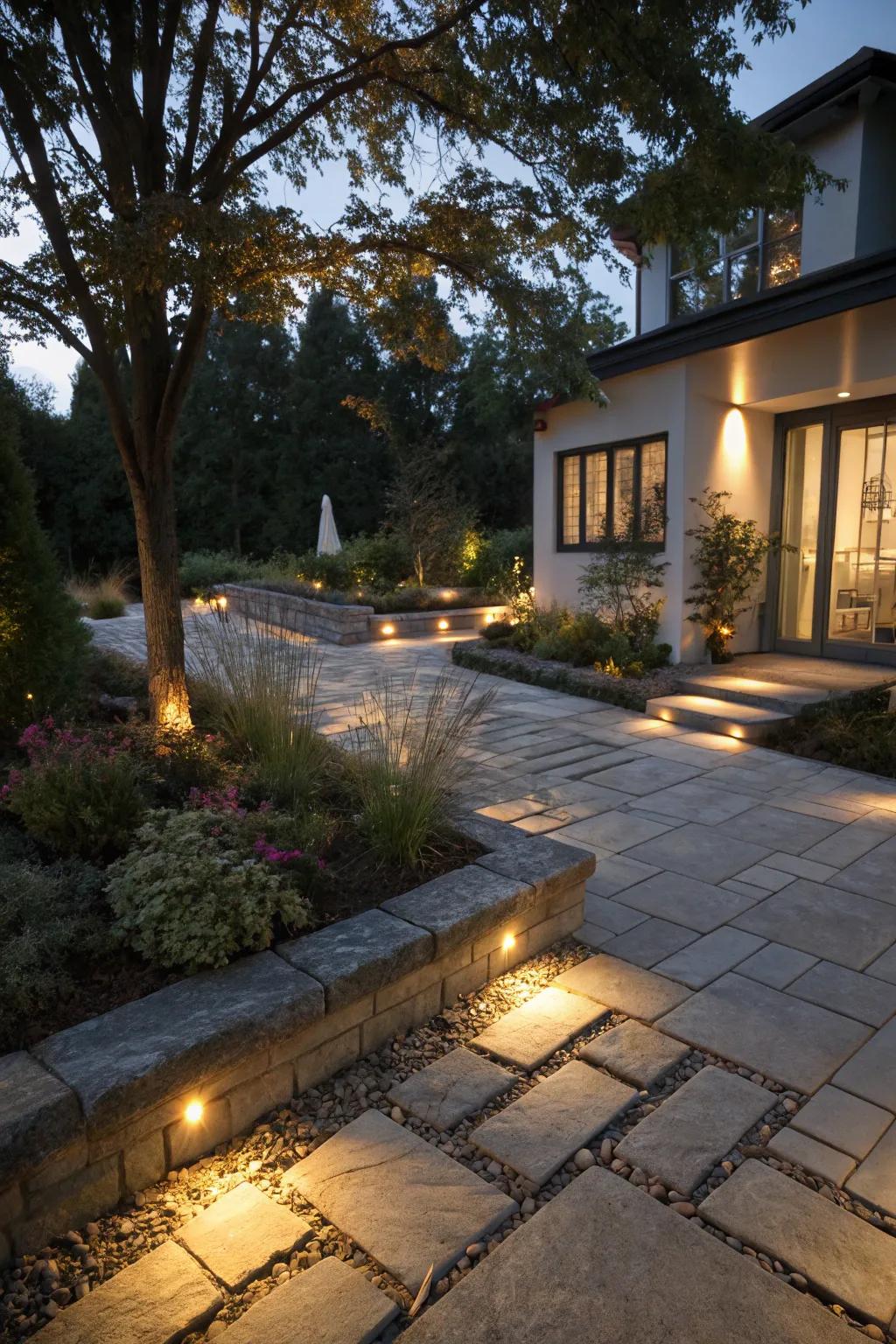 Elevate your courtyard with LED lighting embedded in hardscaping.
