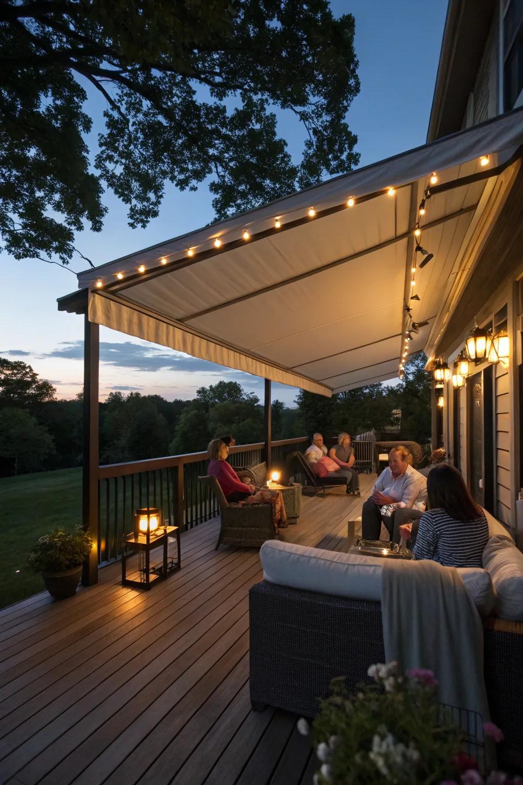 Integrated lighting in an awning creates a welcoming evening ambiance on your deck.