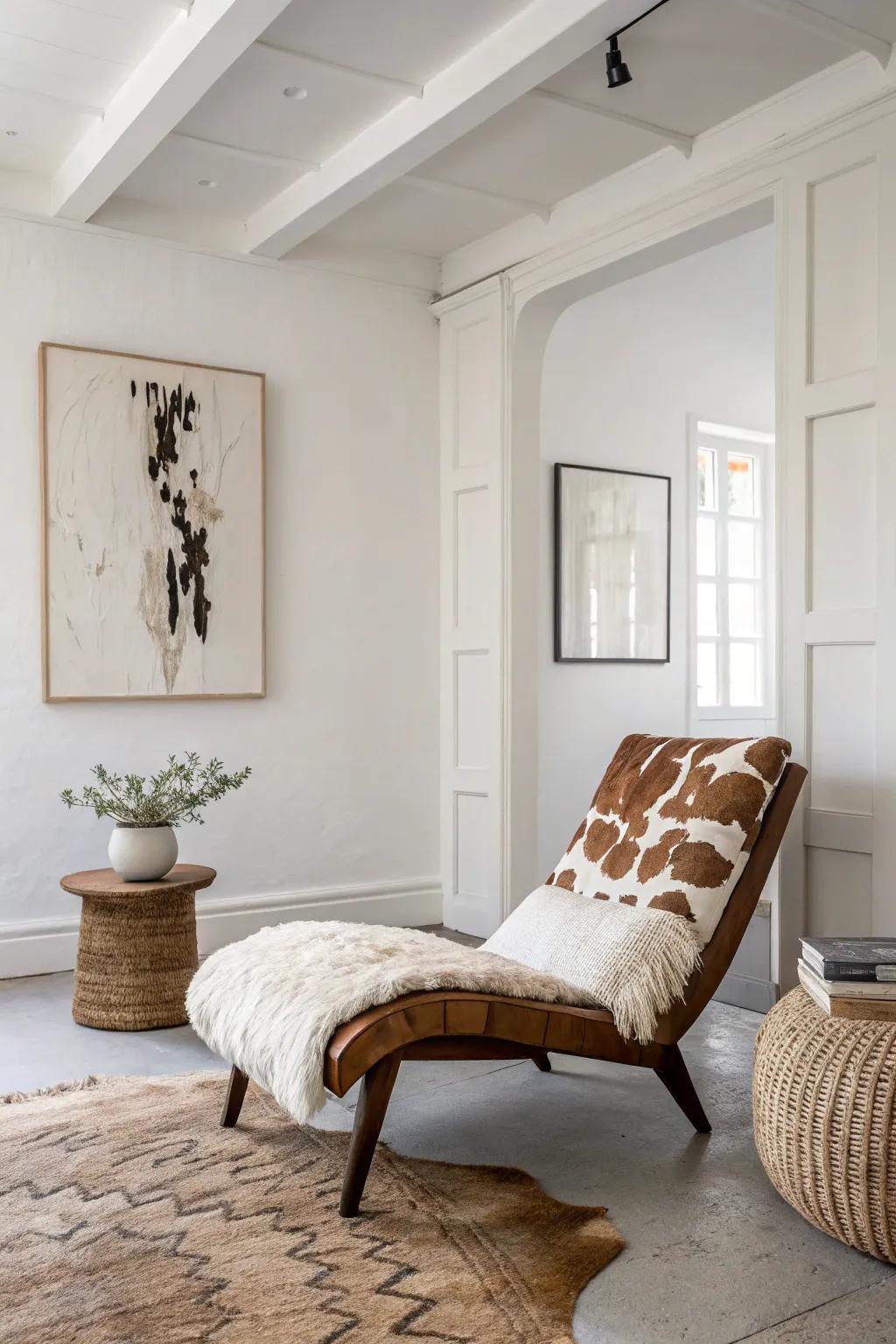 A minimalist room enhanced by a subtle animal hide accent.