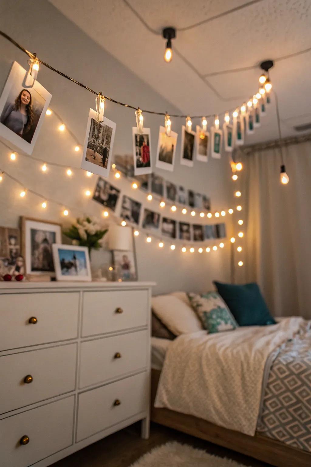 Twinkle lights with photo hangers showing off pictures.