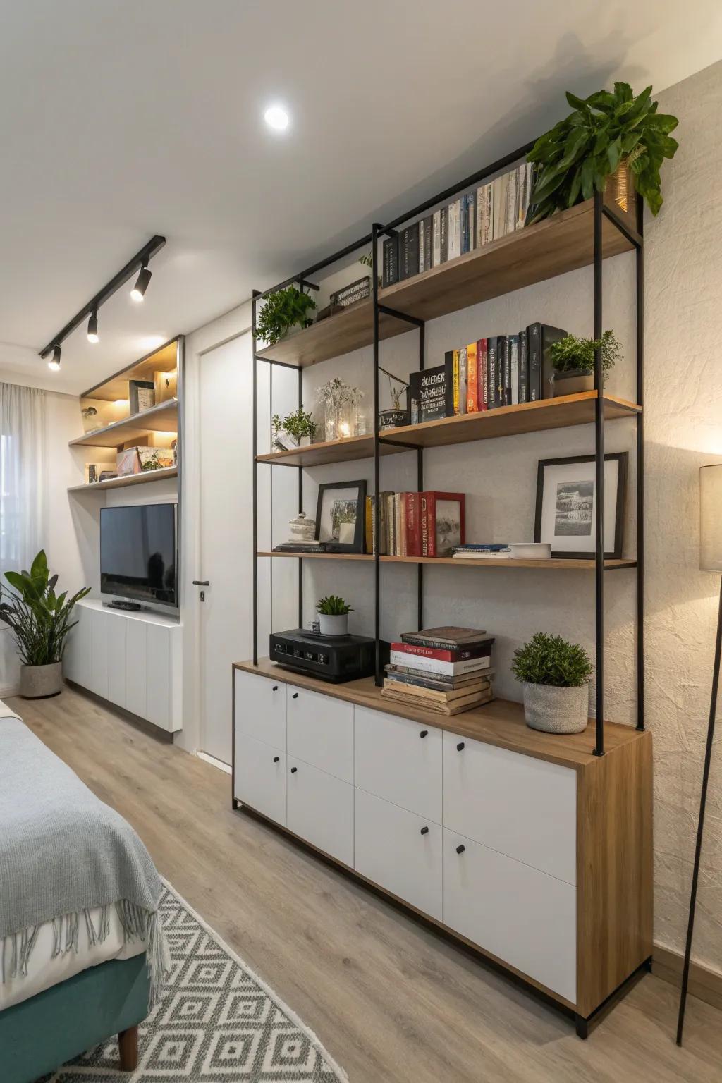 Wall-mounted shelves for effective stowage.