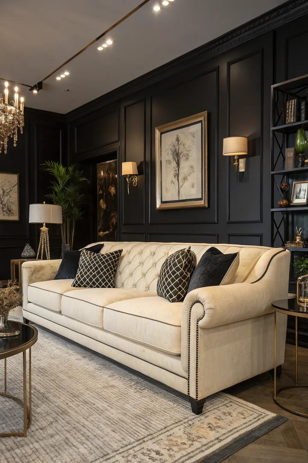 Dark accents provide a striking contrast to the cream couch.