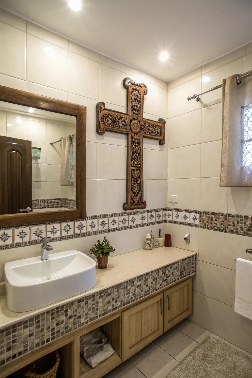 Unpredicted cross wall aesthetic showcased within a restroom.