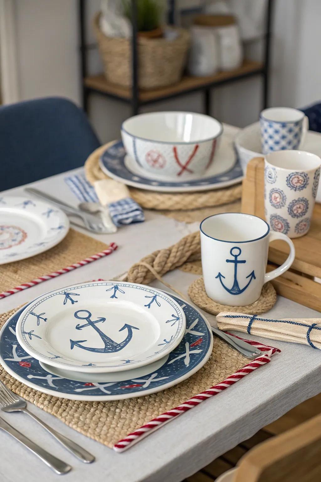 Maritime tableware unifies the theme.