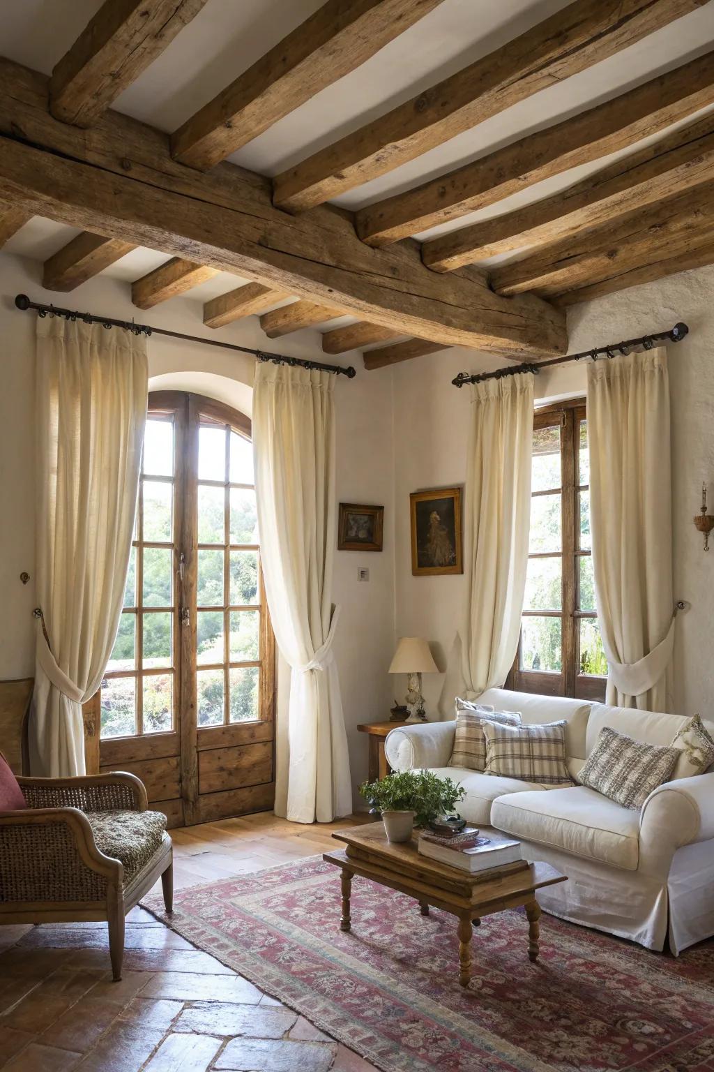Linen window coverings radiate natural and rustic appeal.