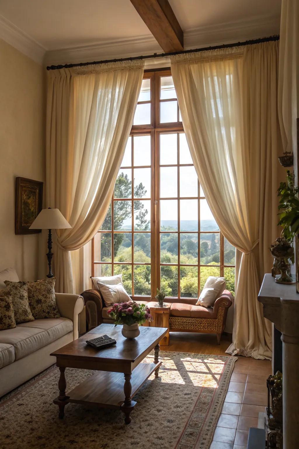 The framing of windows through the deployment of curtains accentuates salient architectural virtues.