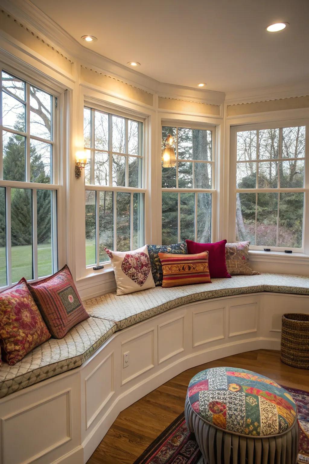Vibrant and multicolored cushions enlivening an arched bay window.