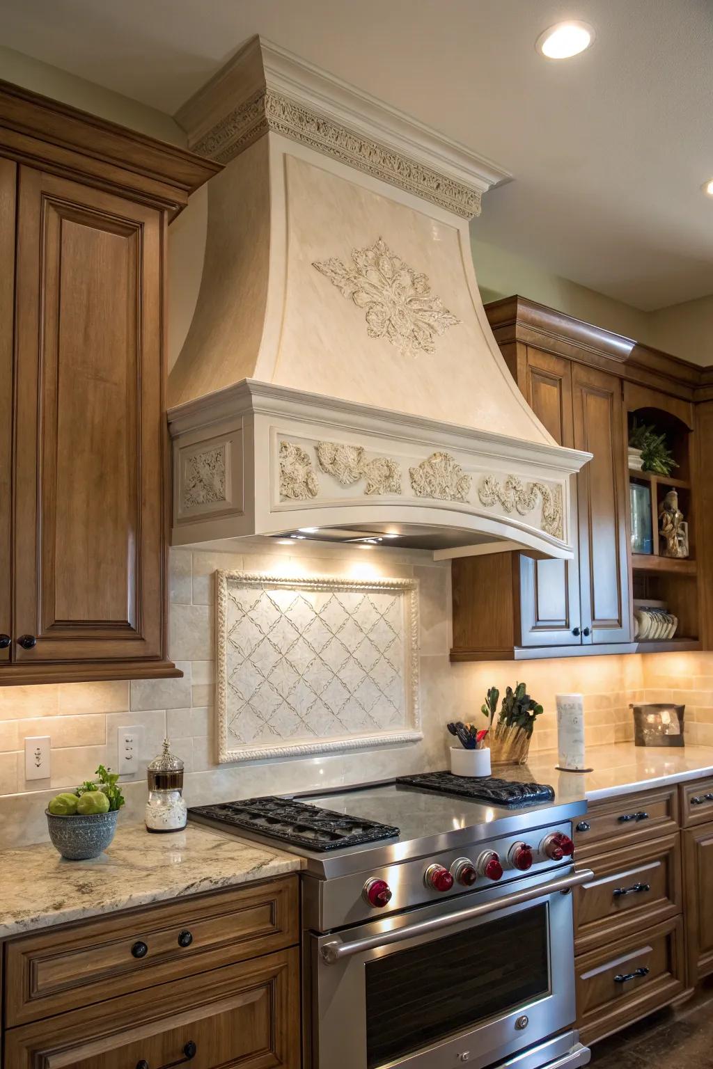 Crown molding imparts sophistication to range hood designs.