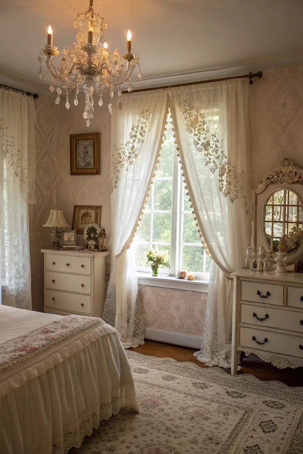 Add retro glamour to your sleeping quarters with delicate delicate window toppers.