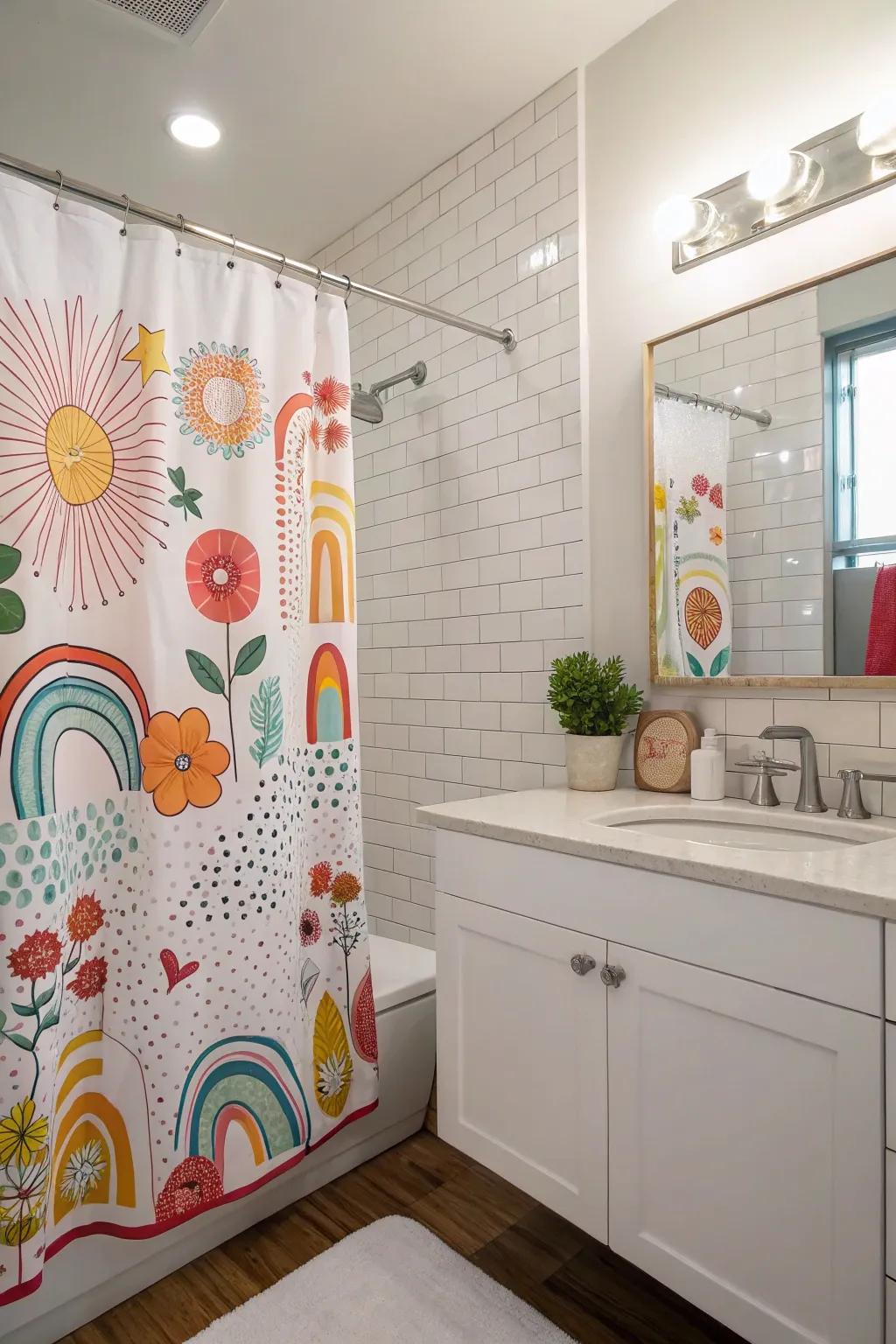 An offbeat shower drape has the potential to infuse amusement and color into your bathroom.