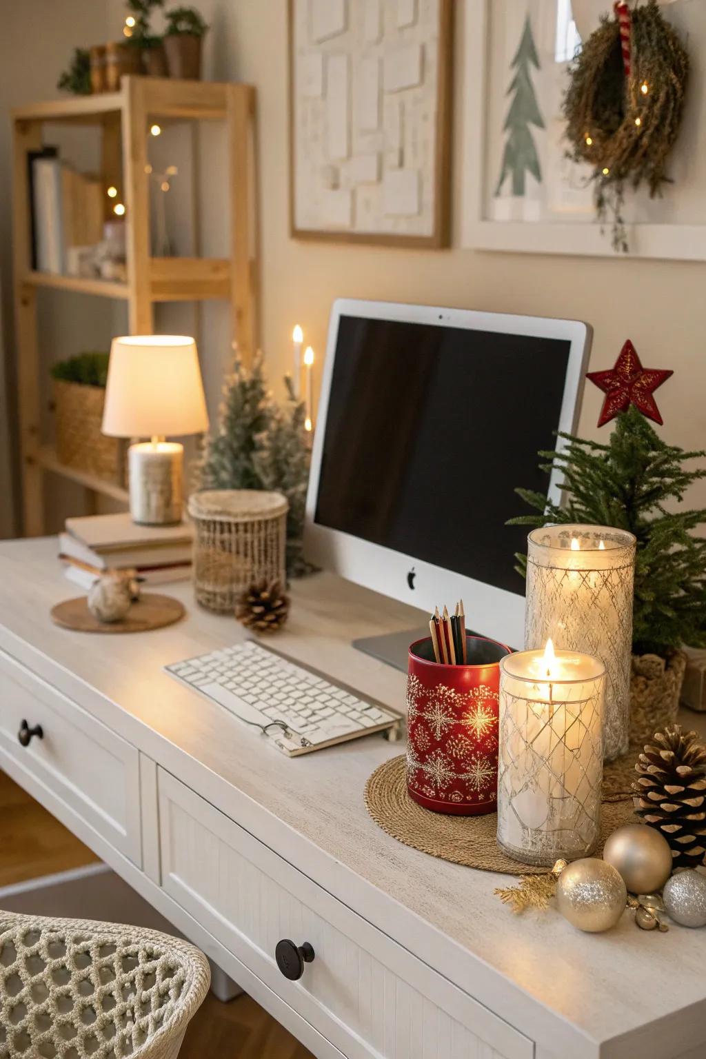 A desk adorned with seasonal decor items, adding a festive and cozy touch.
