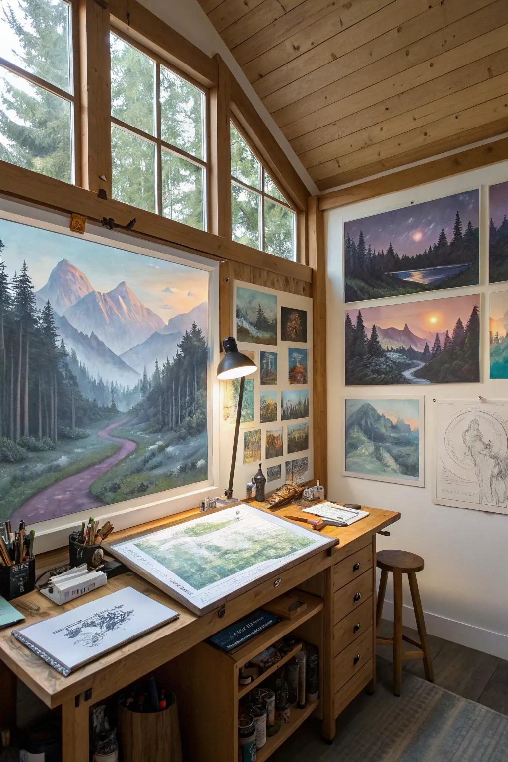 Dreamlike scenery ignites creativity in an artist's workspace.