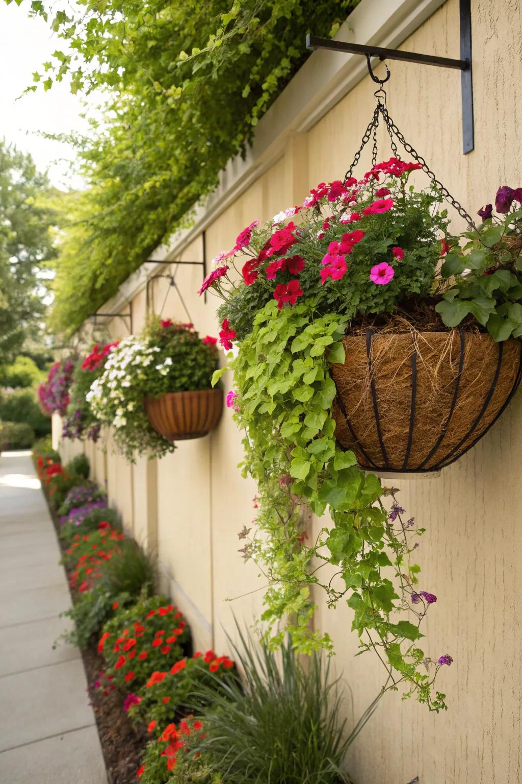 Suspended baskets include vertical interest and lushness to your garden.