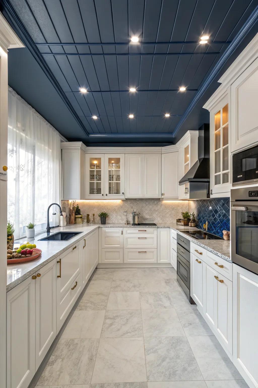 A kitchen with striking contrast created by a dark blue ceiling.