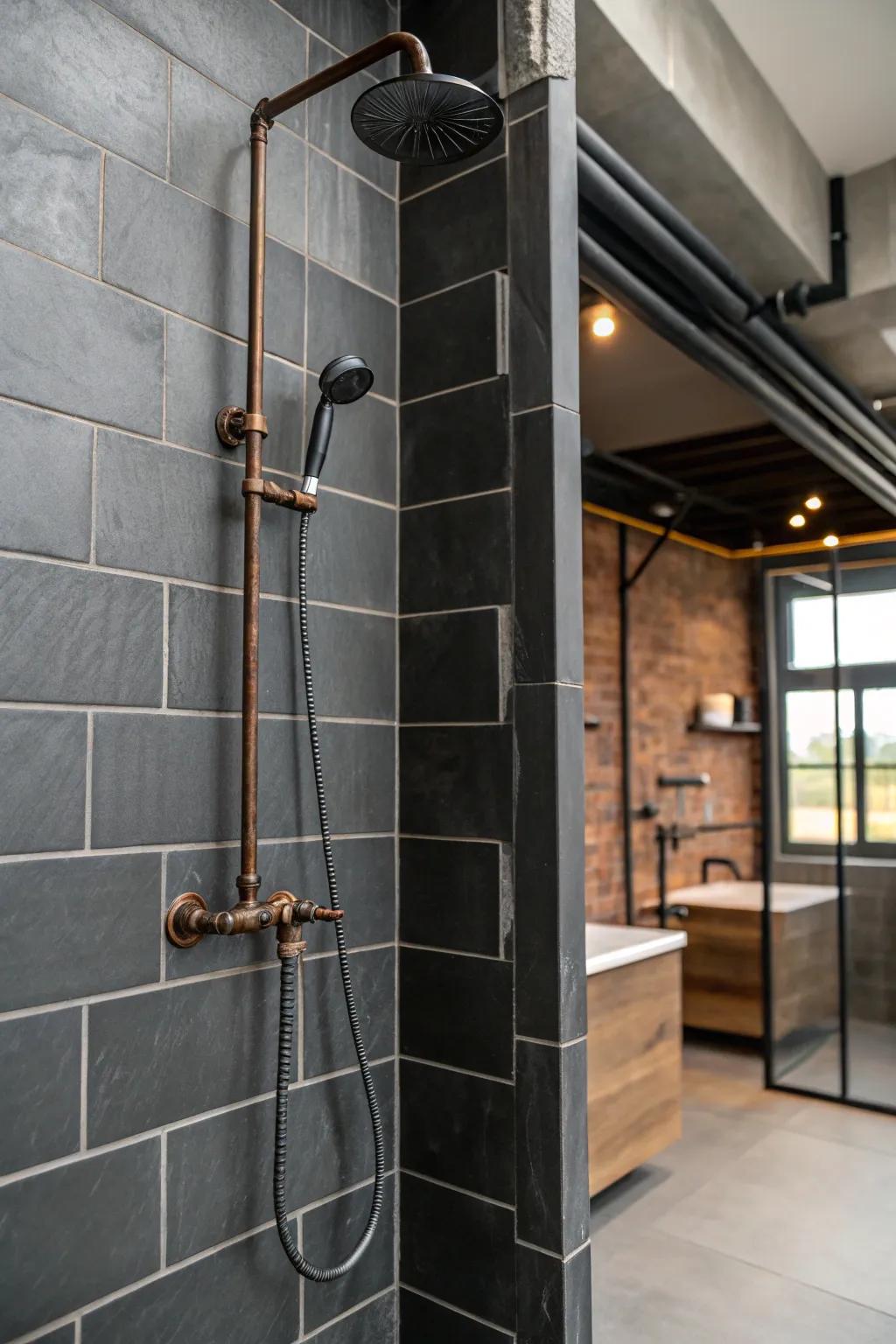 An industrial aesthetic blends seamlessly with deep charcoal tiles.