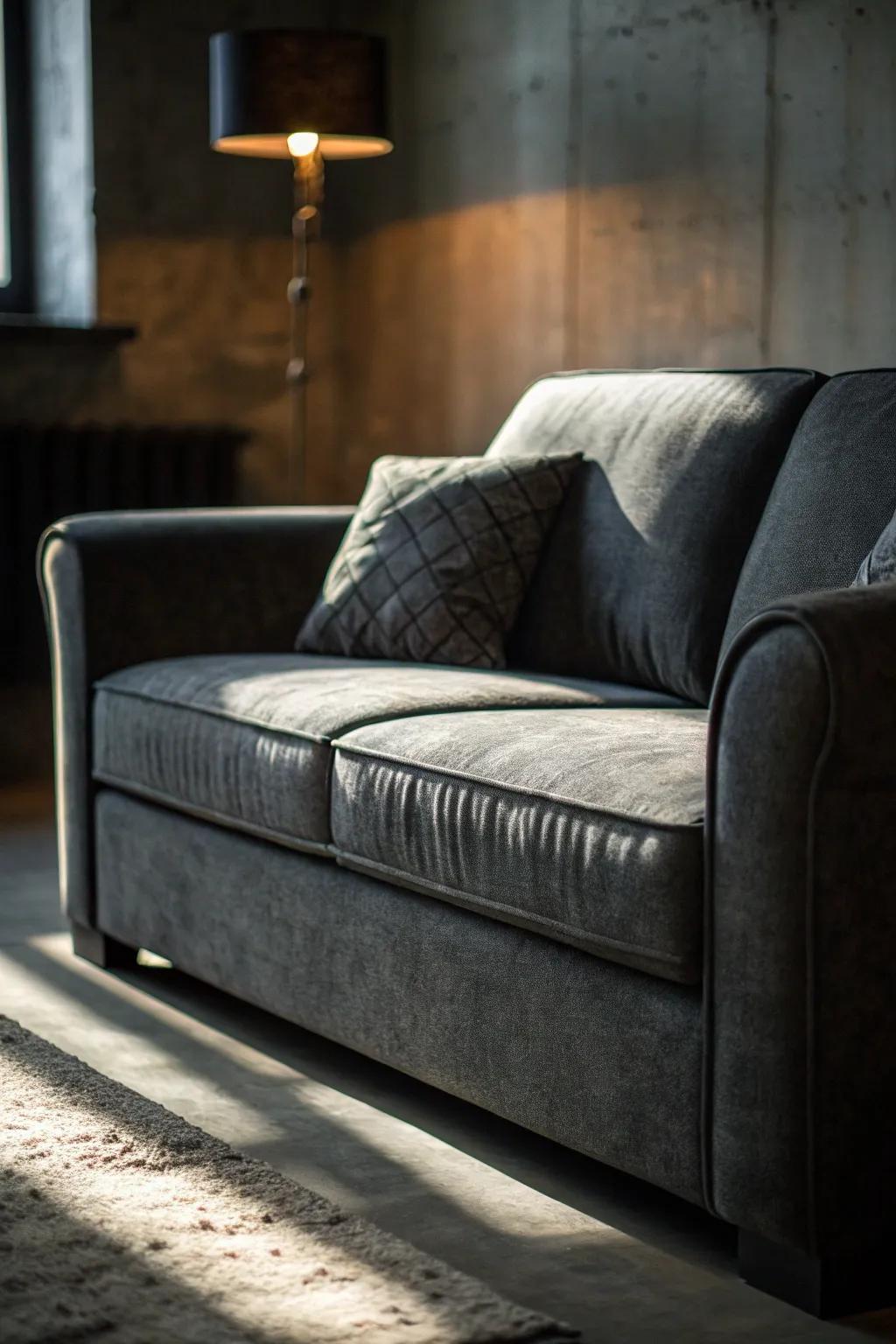 Playing with light and shade enriches the depth and intrigue of a grey loveseat zone.