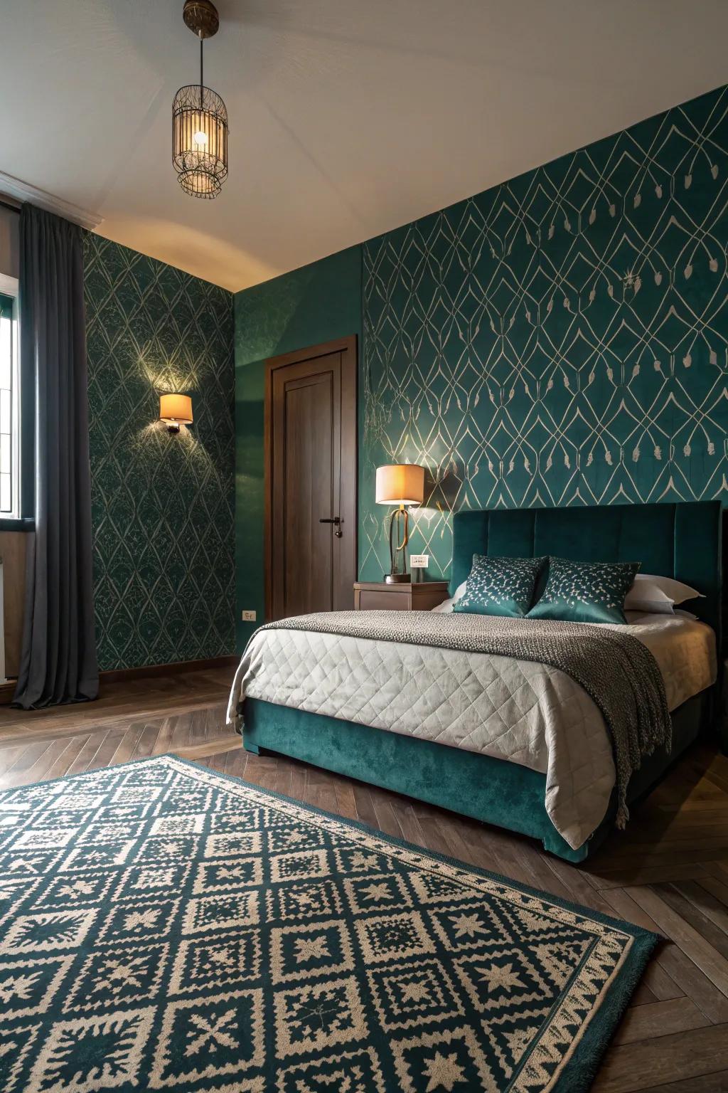 Designs inject dynamic vitality into a teal space.