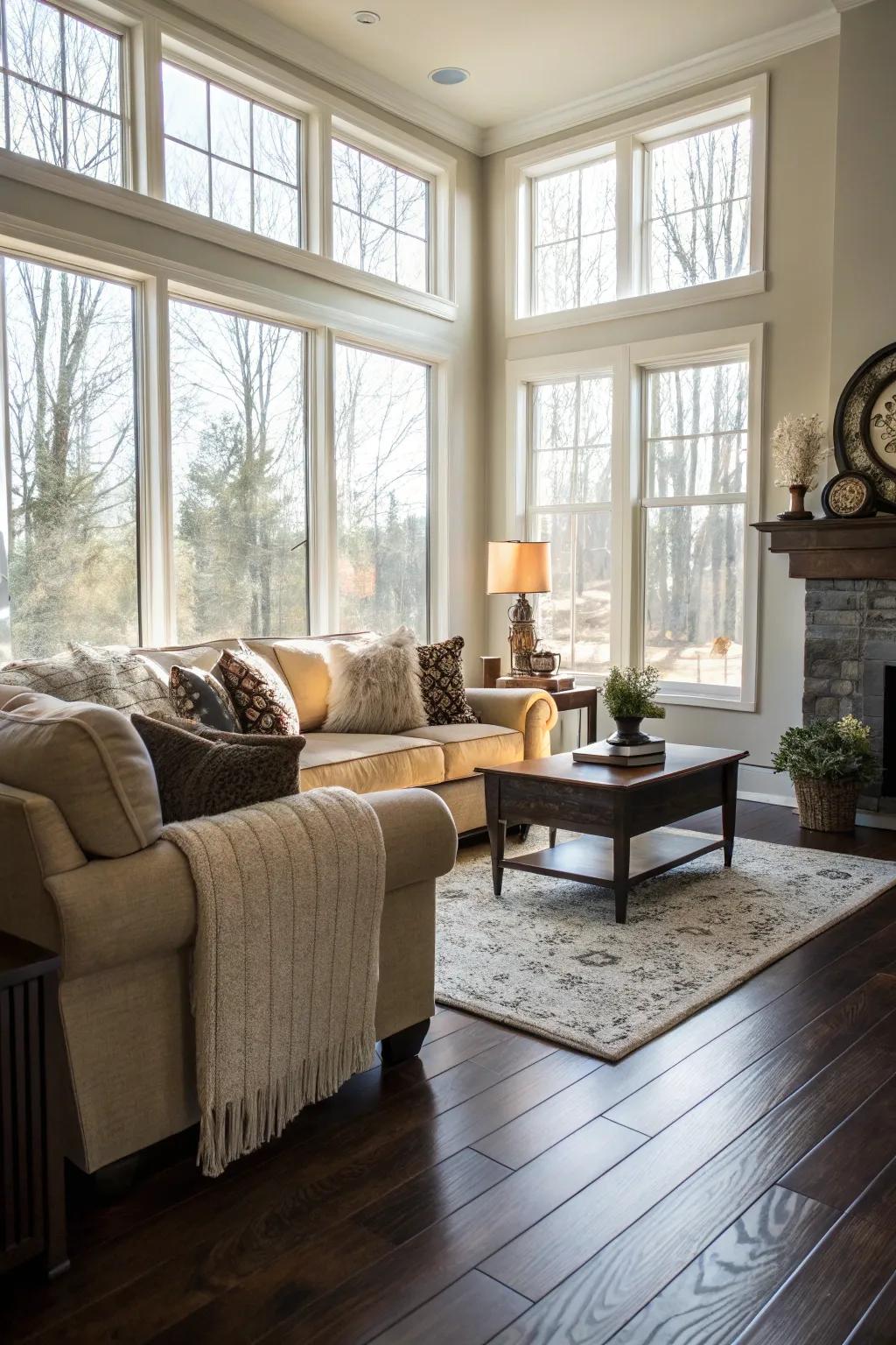 Sunlight brightens up this living area featuring dark wood floors.