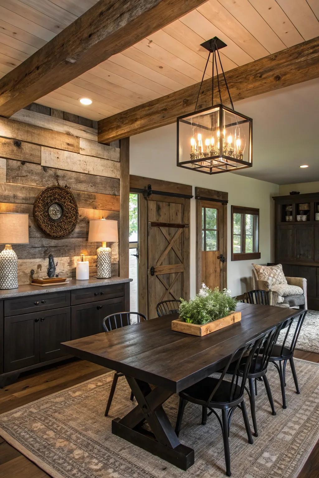 Repurposed timber adds country allure to deep-toned timber settings.
