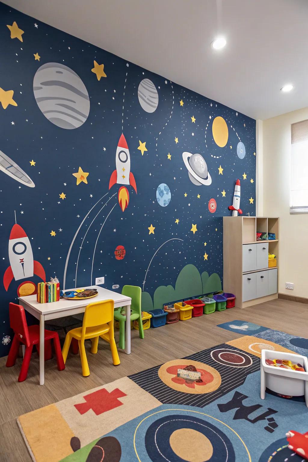 A daycare area ready for intergalactic experiences with space-themed wallcovering.