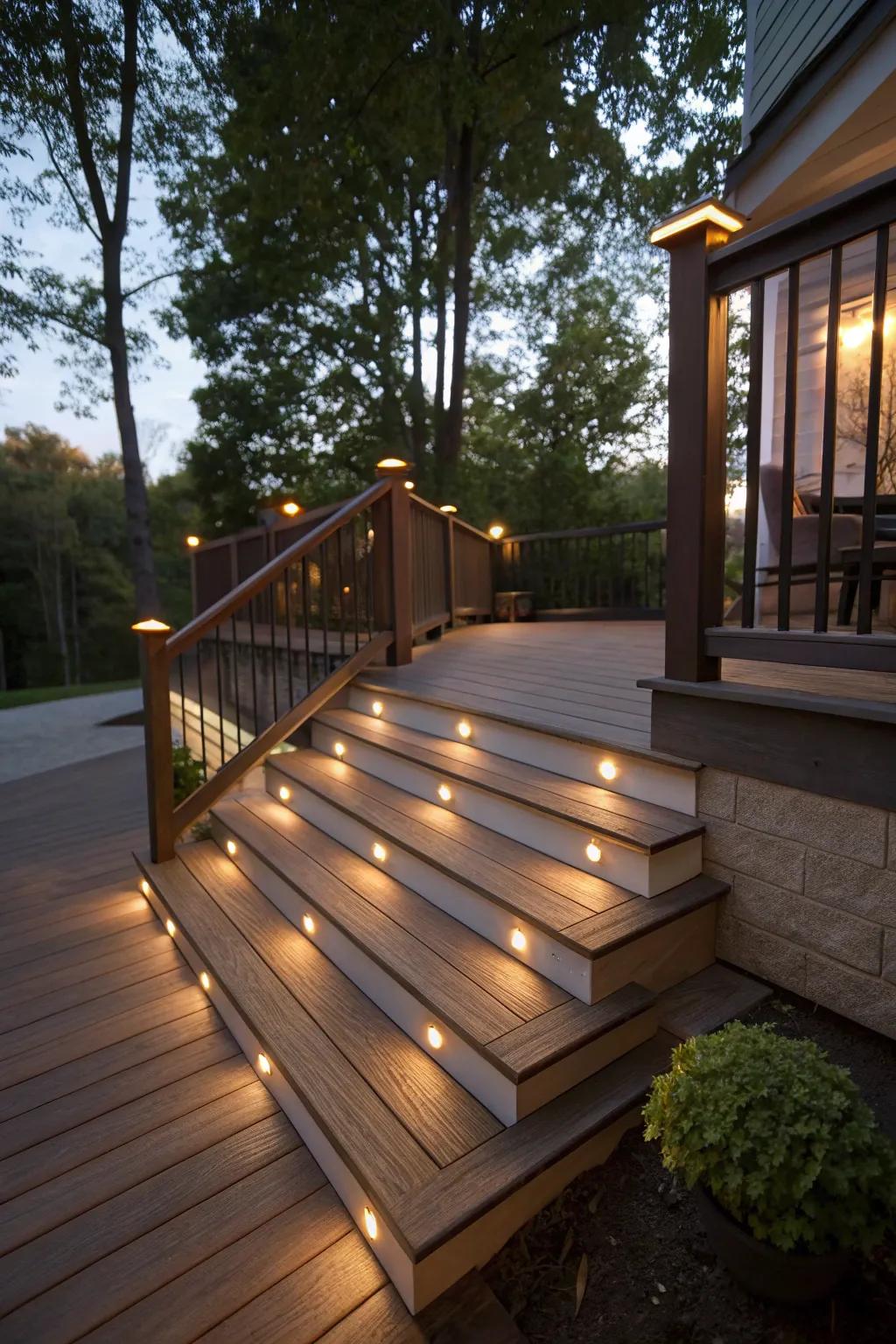 Deck steps with lights built in for nighttime charm