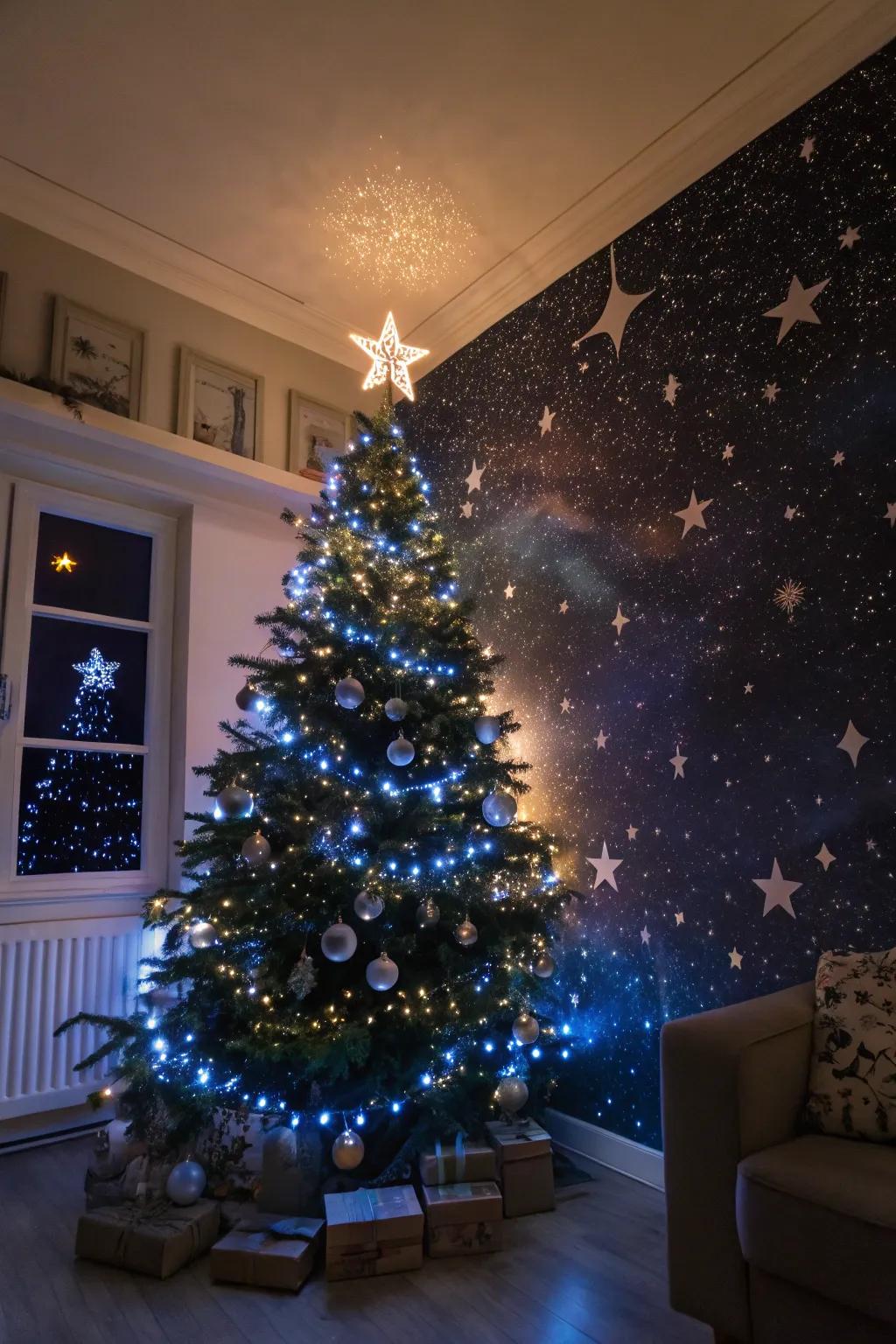 A starlit evening-themed Yuletide tree using sparkling lights and starry decorations.