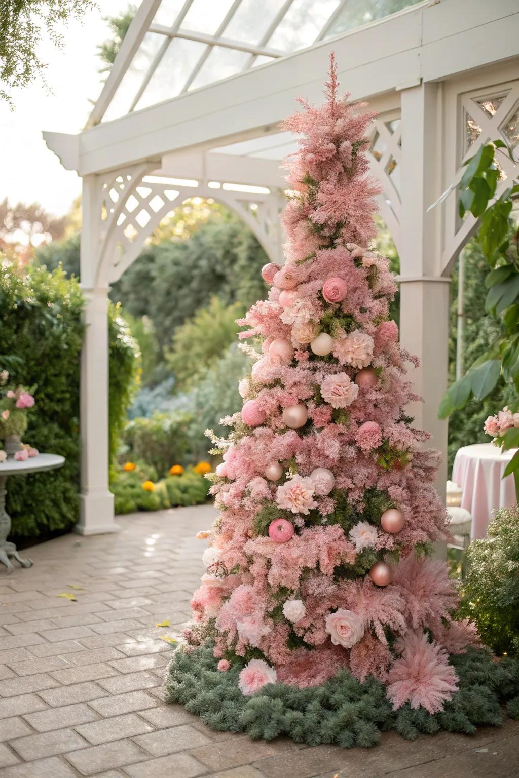 A romantic pink tree accented with blush floral copies.