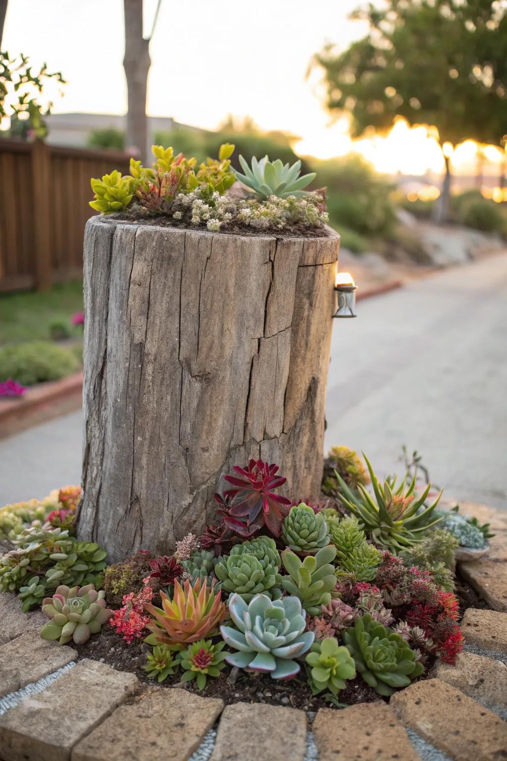 Create a low-maintenance succulent garden on a stump.