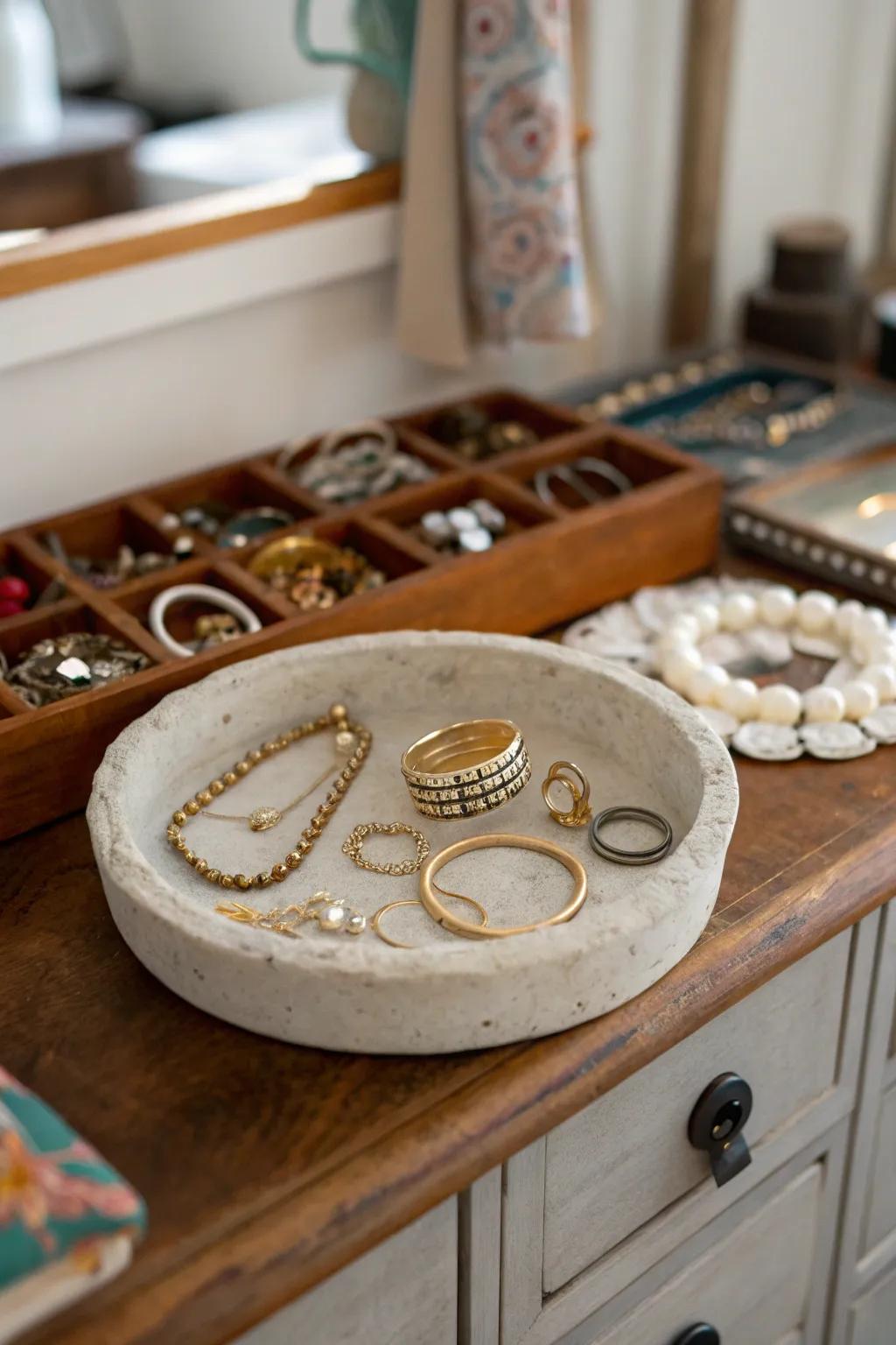Maintain your jewelry arranged using a chic stone dish.