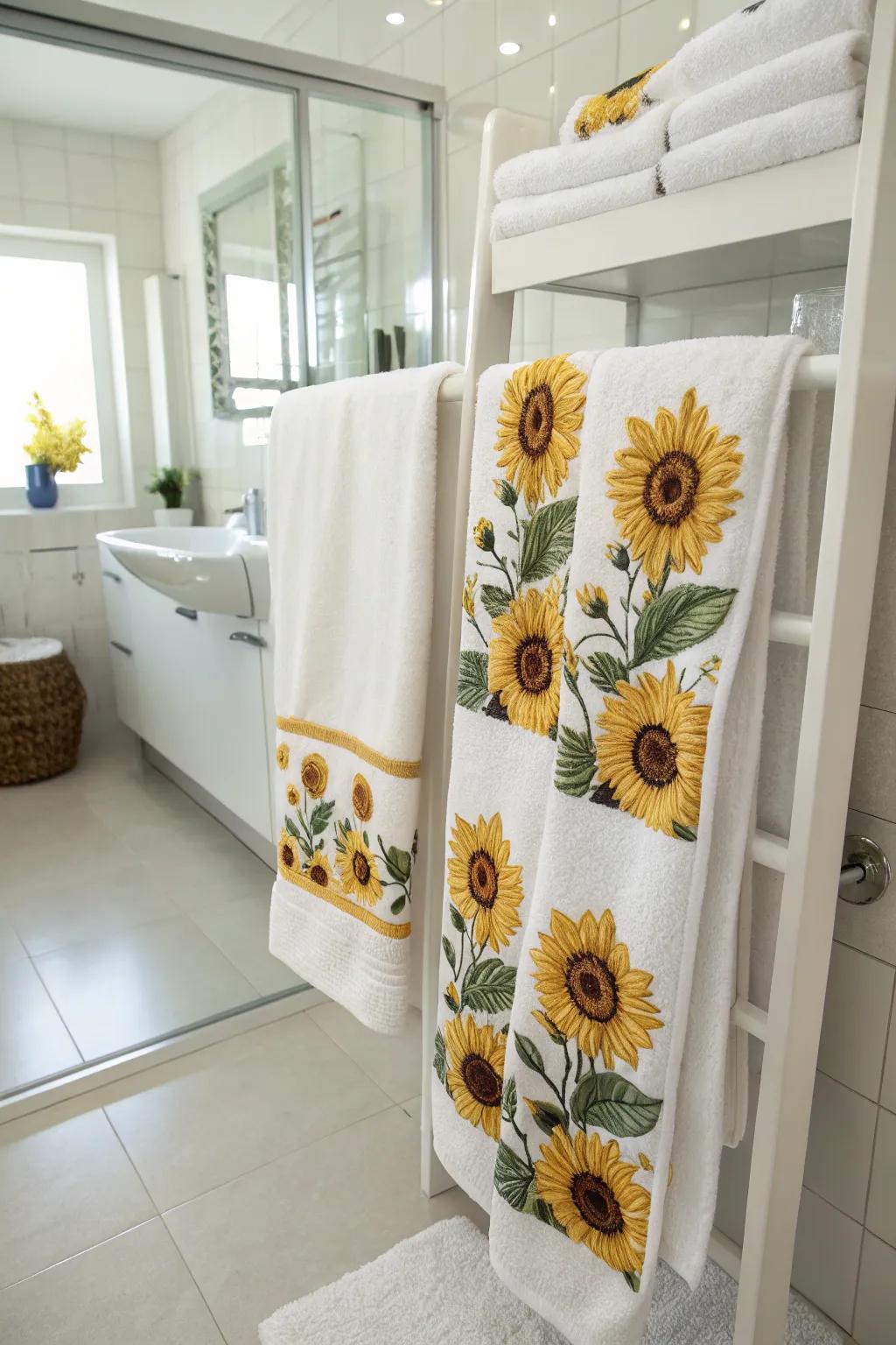 Sunflower bath towels introduce a bright and cheerful element to your bathroom's aesthetic.
