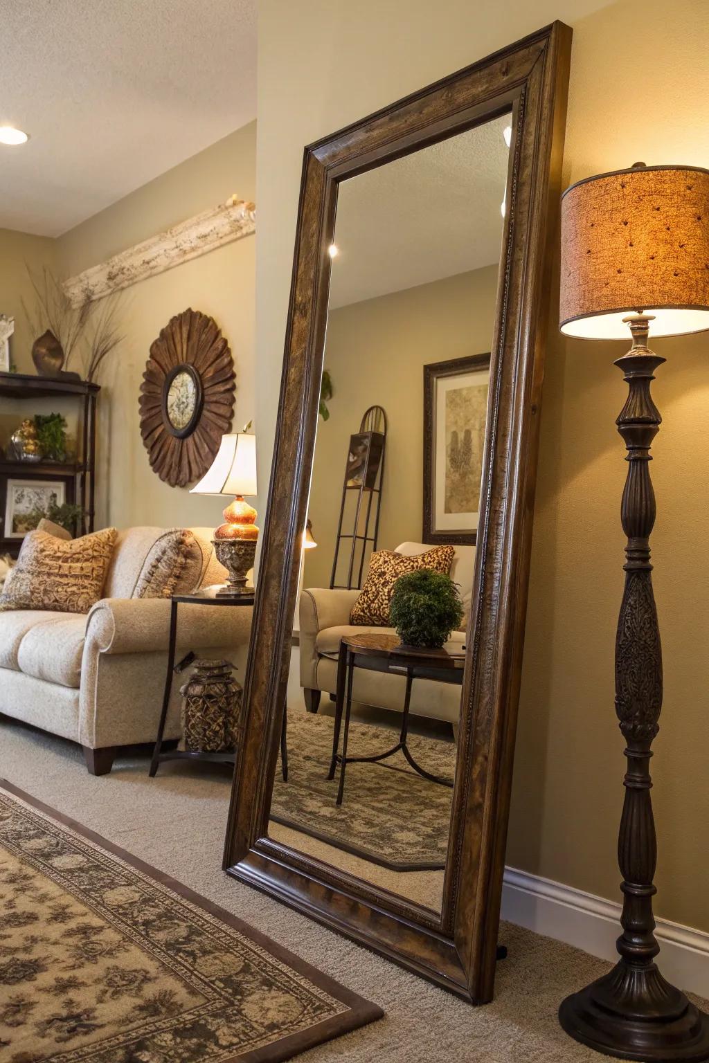 Reflective wall decor enhances space and light.