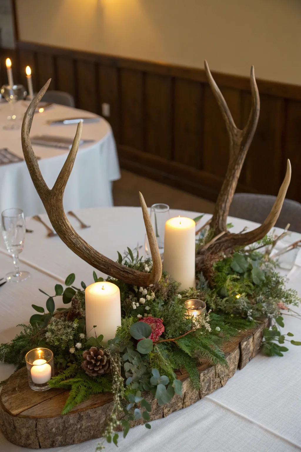 A countryside table centerpiece composed of deer antlers, lights, and greenery establishes a celebratory eating environment.
