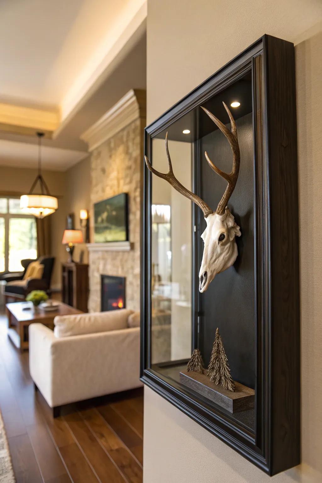 A contemporary display case incorporates depth and protection to a deer skull exhibit.