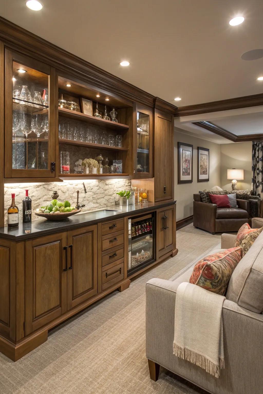 A home bar gives the den a social atmosphere.
