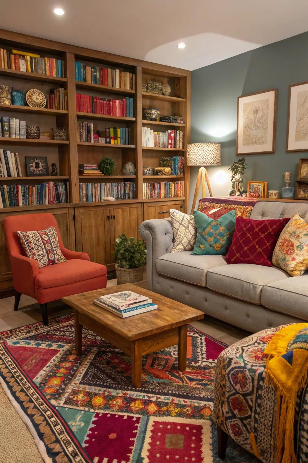 A den with diverse embellishments, coalescing modern and vintage facets.