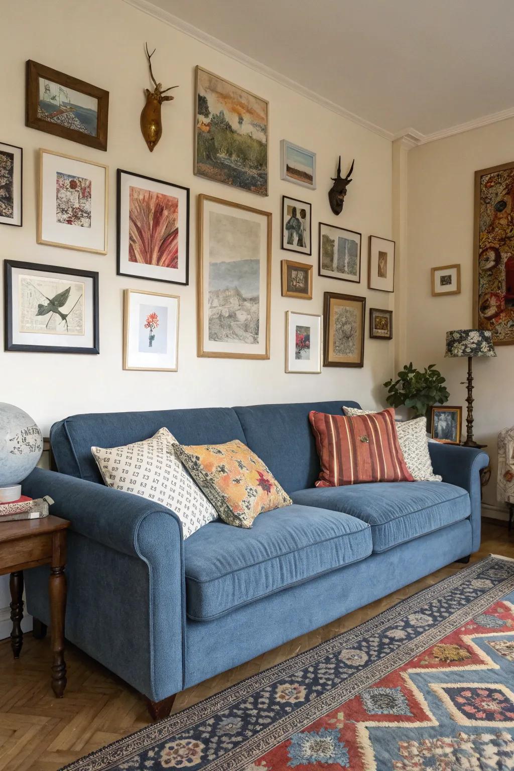 Varied art pieces add persona to a cerulean settee arrangement.