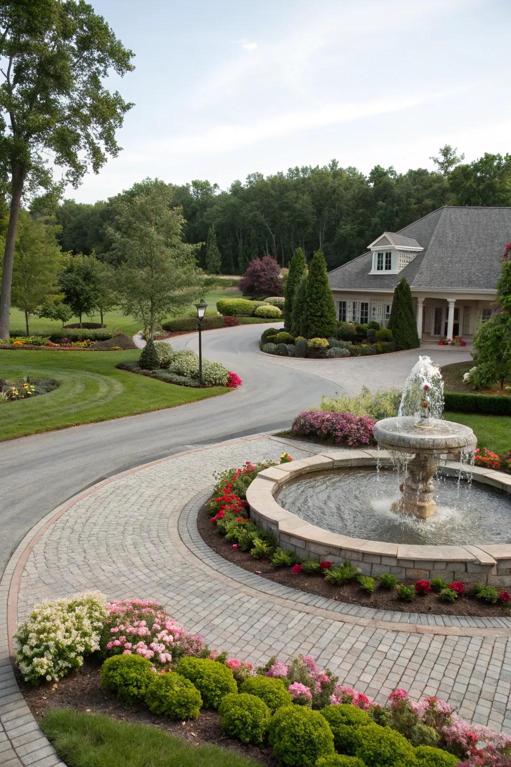 A peaceful water feature lends a sense of serenity to this beautifully landscaped driveway.