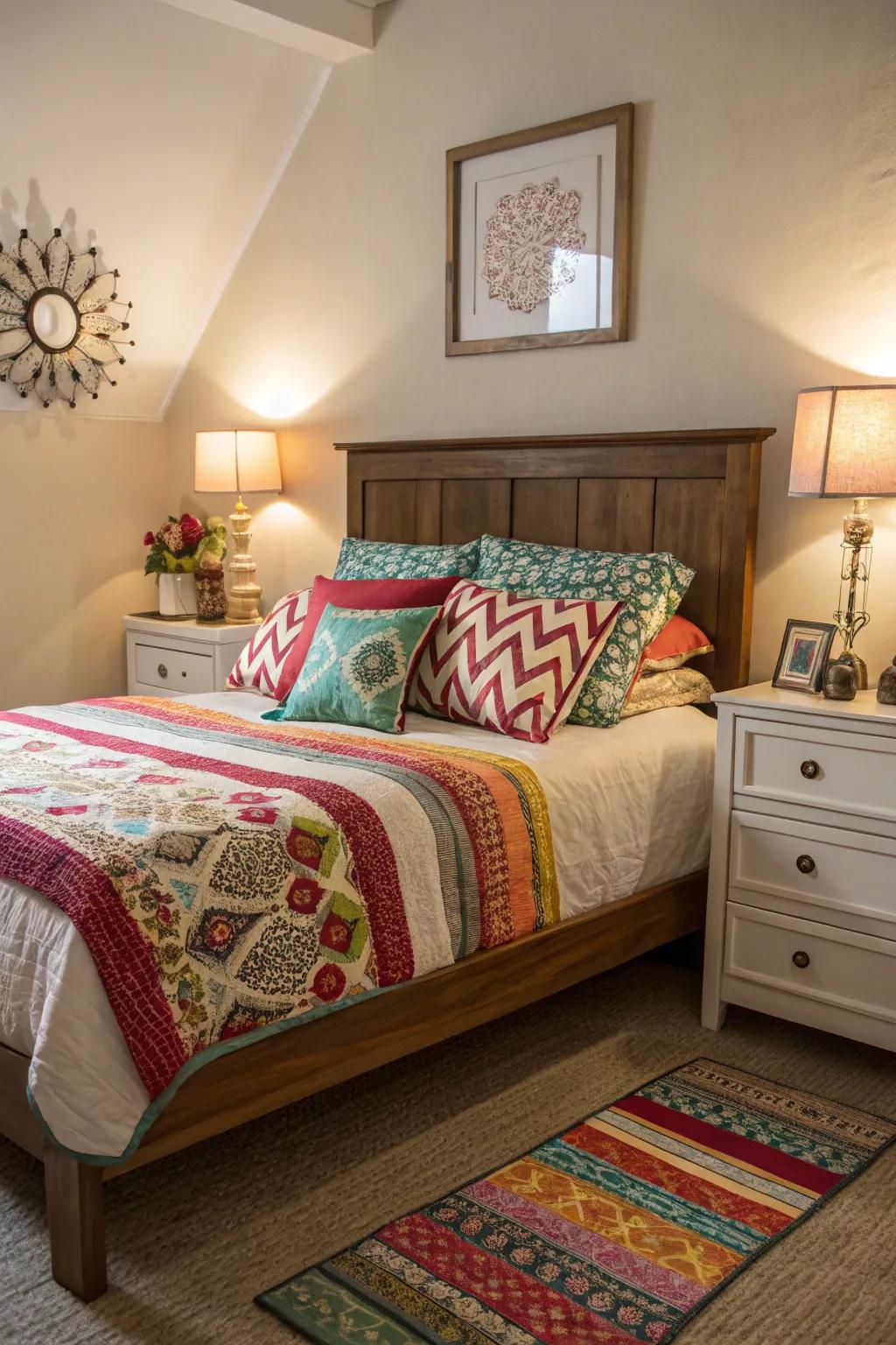 Complementary shades bring vibrancy to a diagonal bed setup.