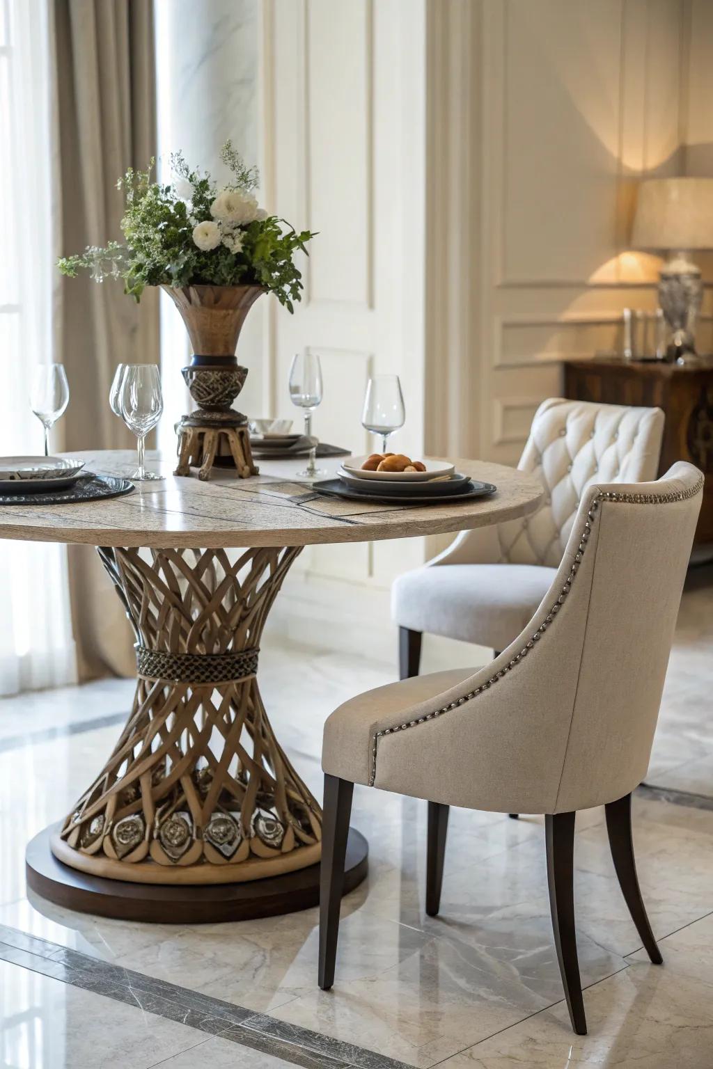 A distinct table base coupled with slim chairs highlights design intricacies.
