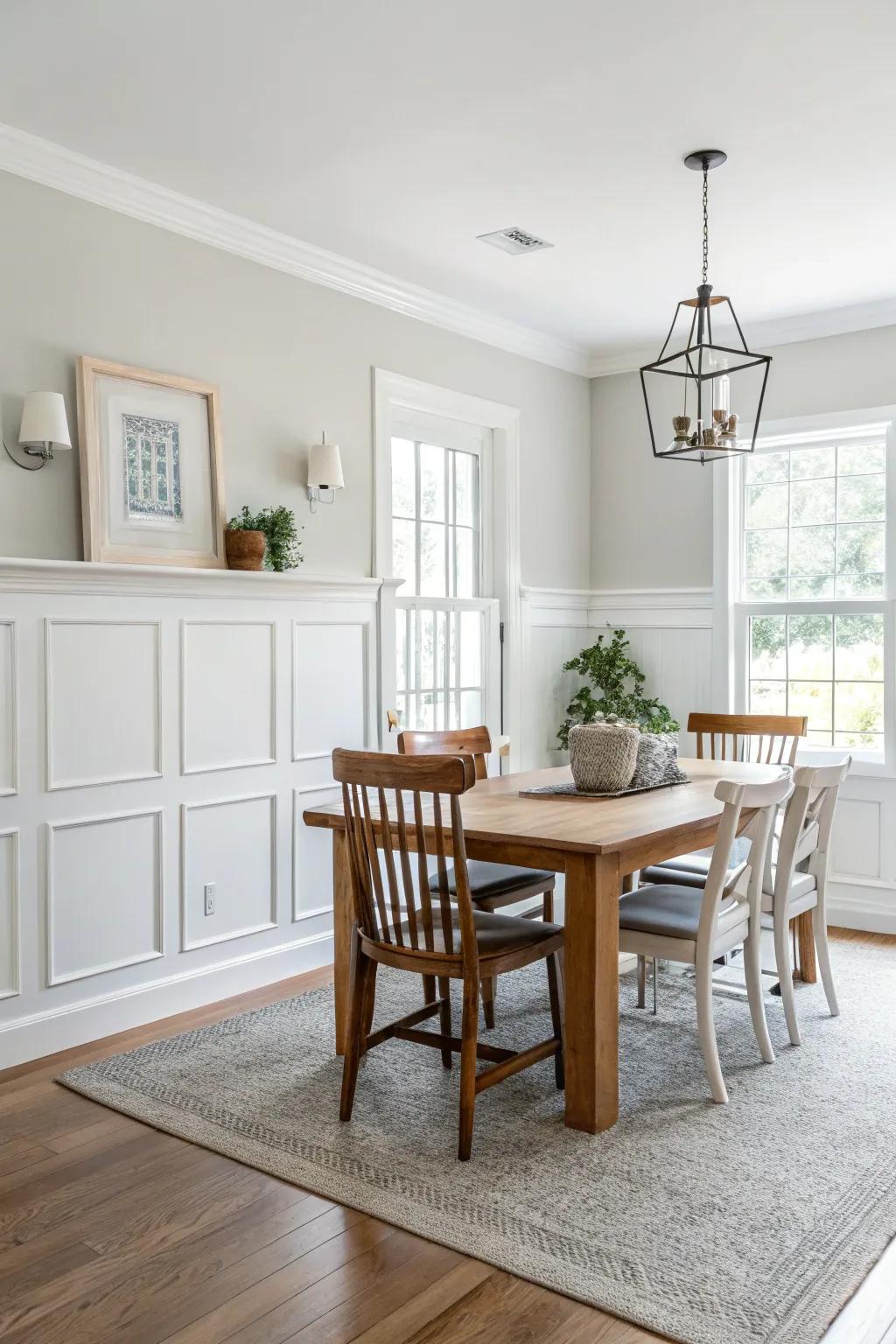 Pure white paint creates an airy and open dining area.